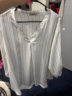 Timeson White Pinstripe V-Neck Blouse